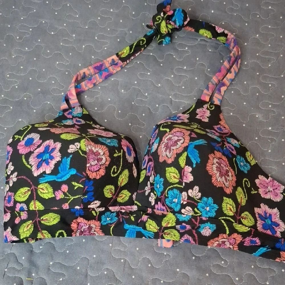 New Directions Floral Black Halter Bikini Top size 1X